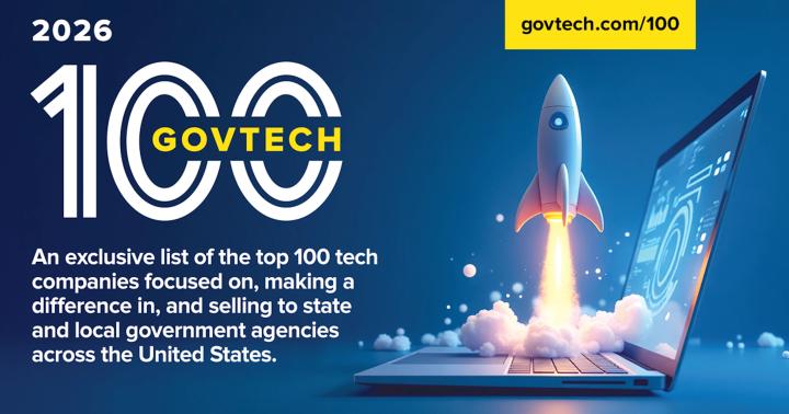 Graphic showing “100 GovTech 2026” text with a rocket launching from a laptop screen