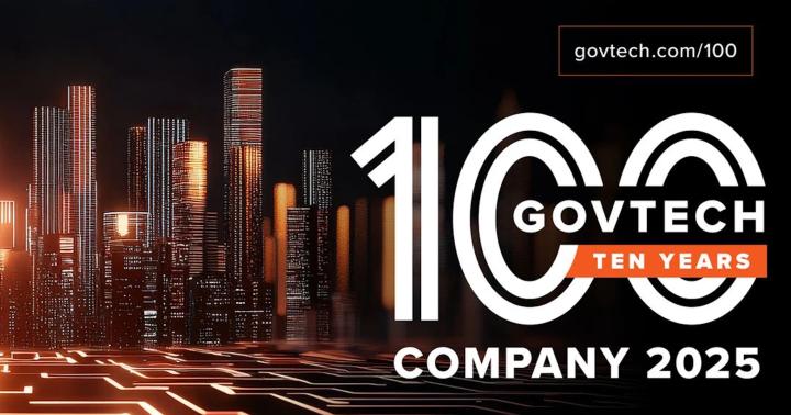 Graphic showing GovTech 100 Company 2025 ten-year milestone with illuminated city skyline