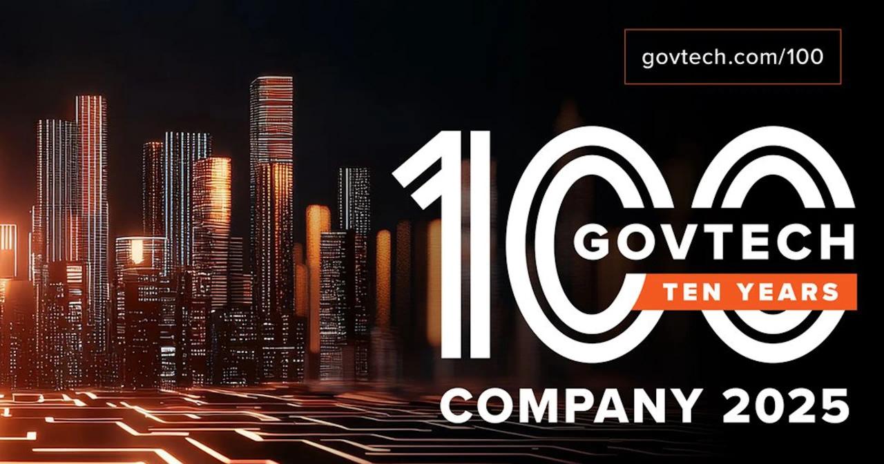 Graphic showing GovTech 100 Company 2025 ten-year milestone with illuminated city skyline
