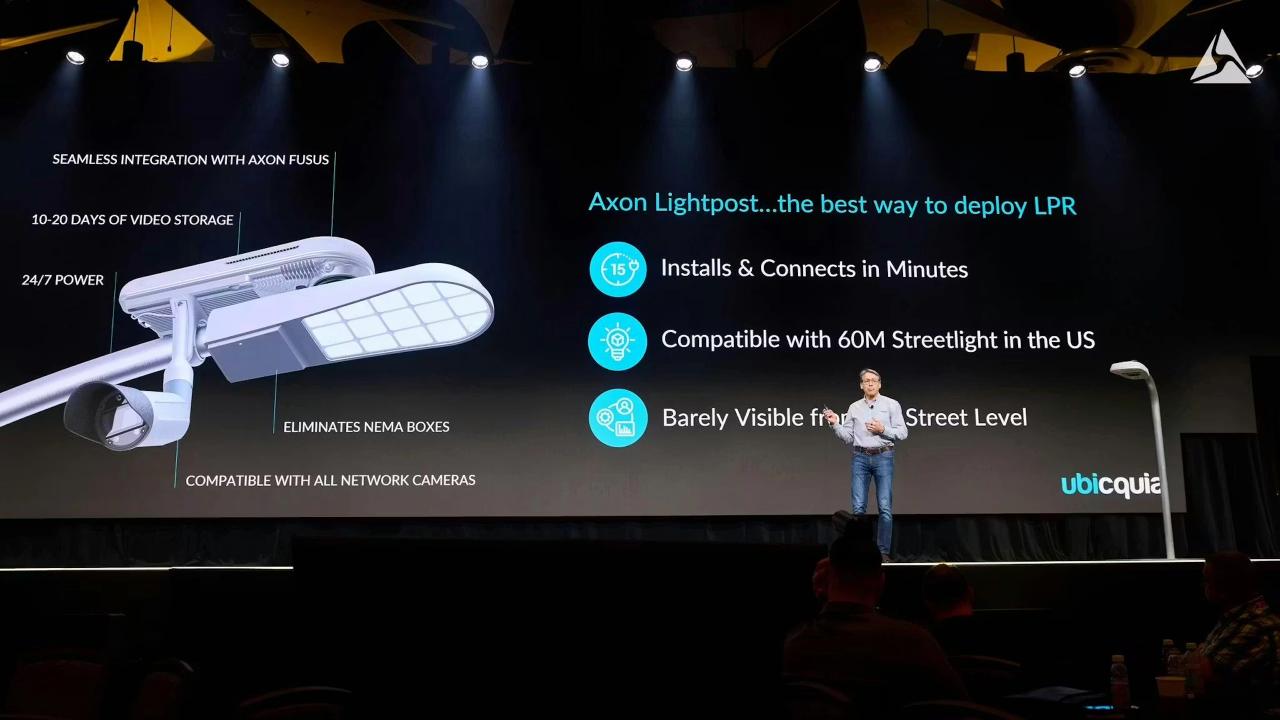 Ubicquia CEO, Ian Aaron, on stage explaining a streetlight-mounted UbiHub AI+ system during a conference presentation at Axon Week 2025