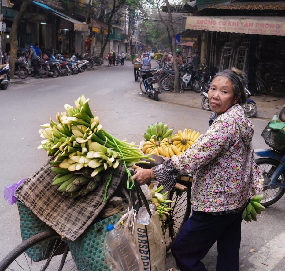 Vietnamese women selling flowers and fruits at Hanoi street