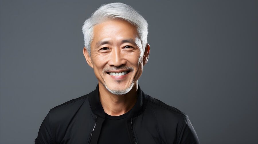Handsome, smiling Asian man with great teeth invested in affordable restorative dental procedurs, smile makeover