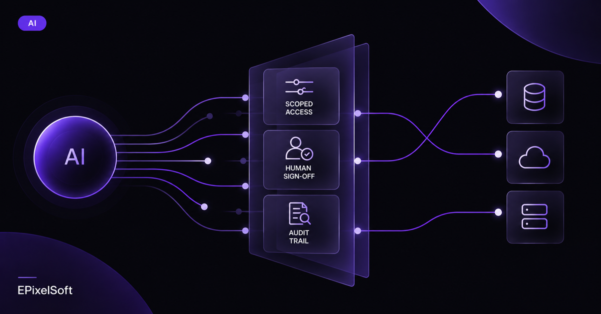Illustration of an AI governance framework showing scoped access, human sign-off, and audit trail checkpoints for enterprise AI systems