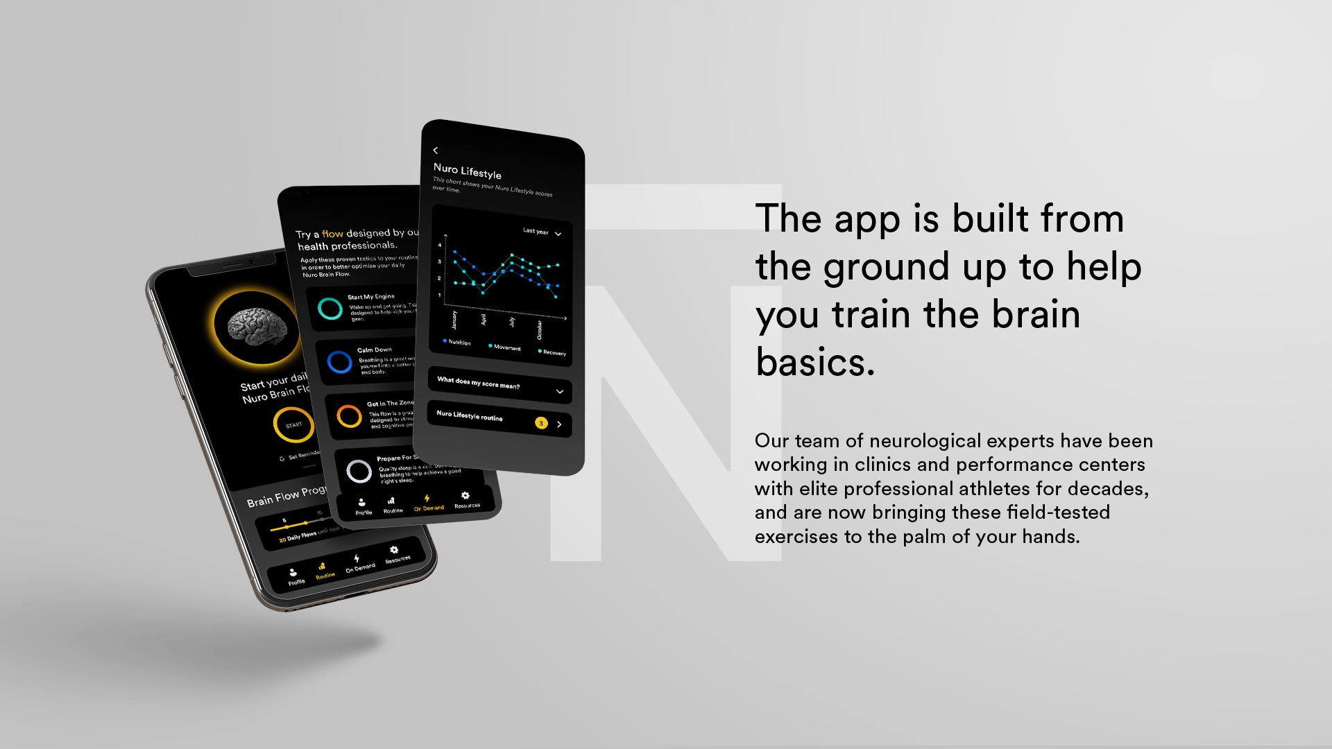 The app is built from the ground up to help you train the brain basics, or your fundamental brain mechanisms. Our team of neurological experts have been working in clinics and performance centers with elite professional athletes for decades, and are now bringing these field-tested exercises to the palm of your hands.