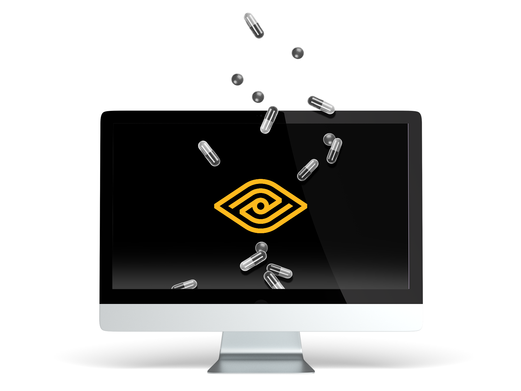 pills falling in front of Netra computer