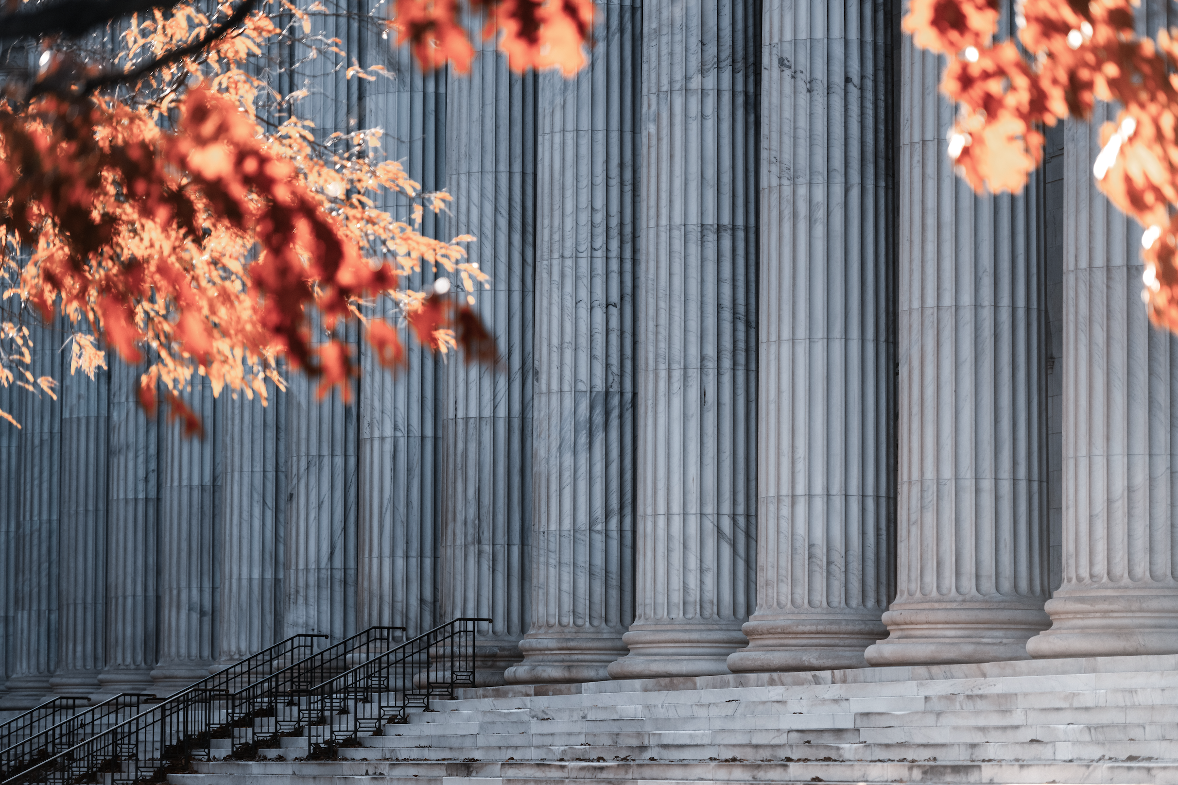 The outside pillars of a court house framed by red autumn leaves