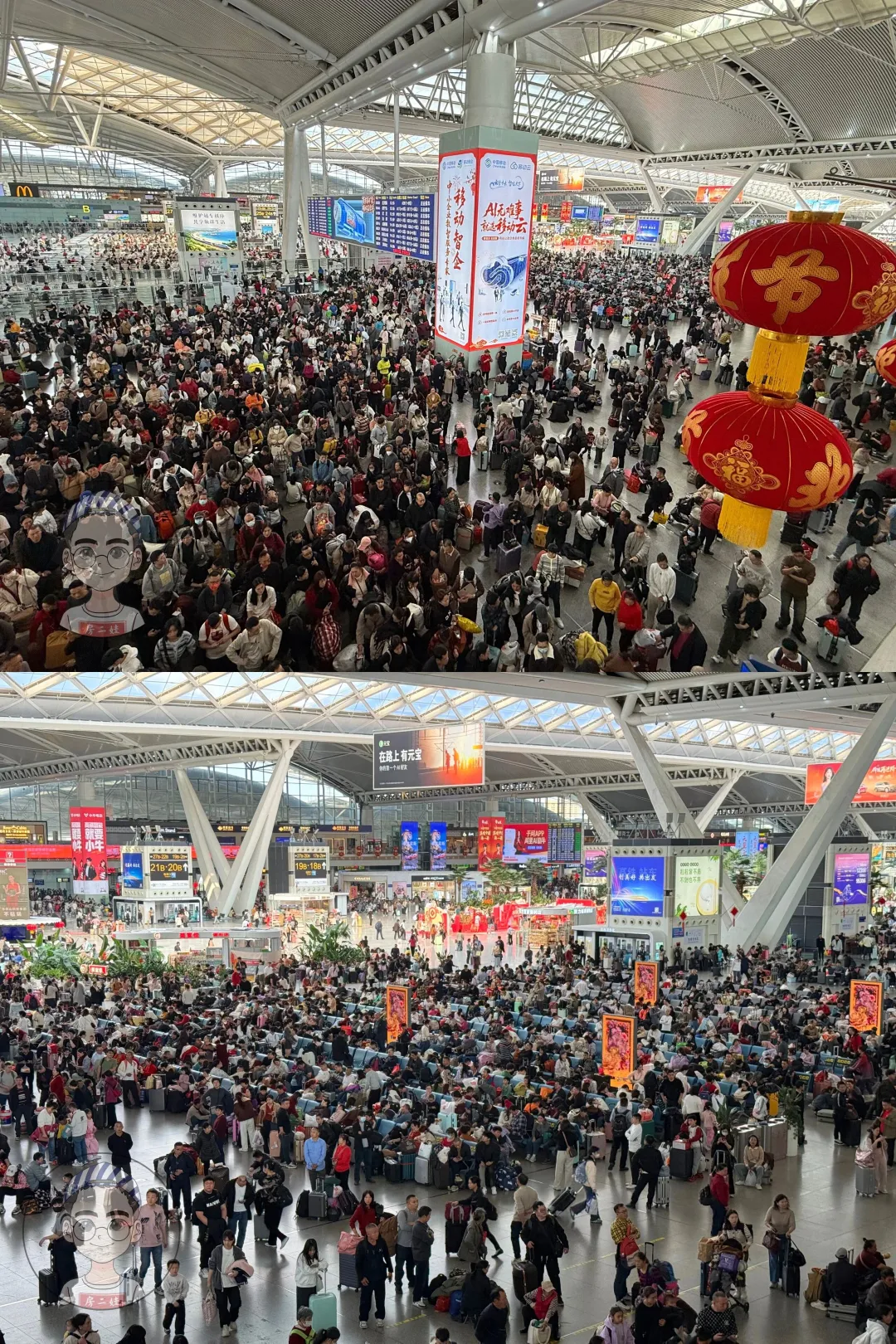 Crowded high-speed railway station during Chinese New Year, migrant workers traveling back hometown for reunion, causing factory labour shortage and furniture production delays