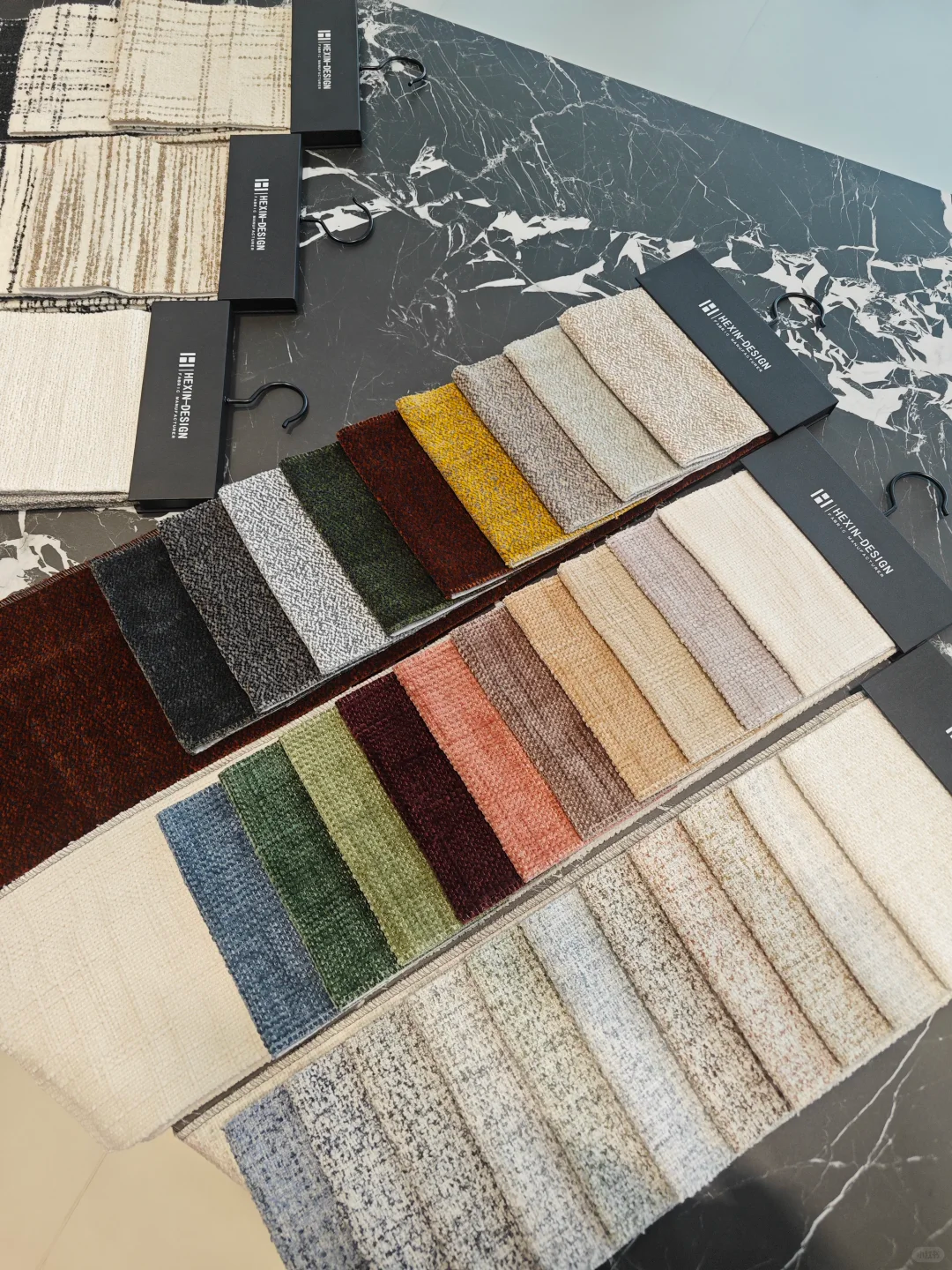 Multiple contract grade upholstery fabric swatches, texture & color options for FF&E commercial projects
