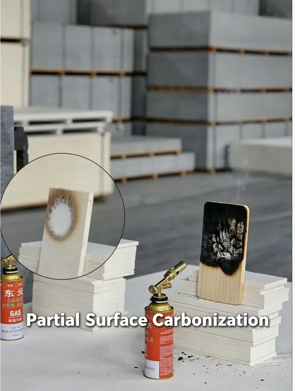 Partial surface carbonization shown during a flame-retardant material test, comparing burned wood board and fire-resistant panel performance under high temperature