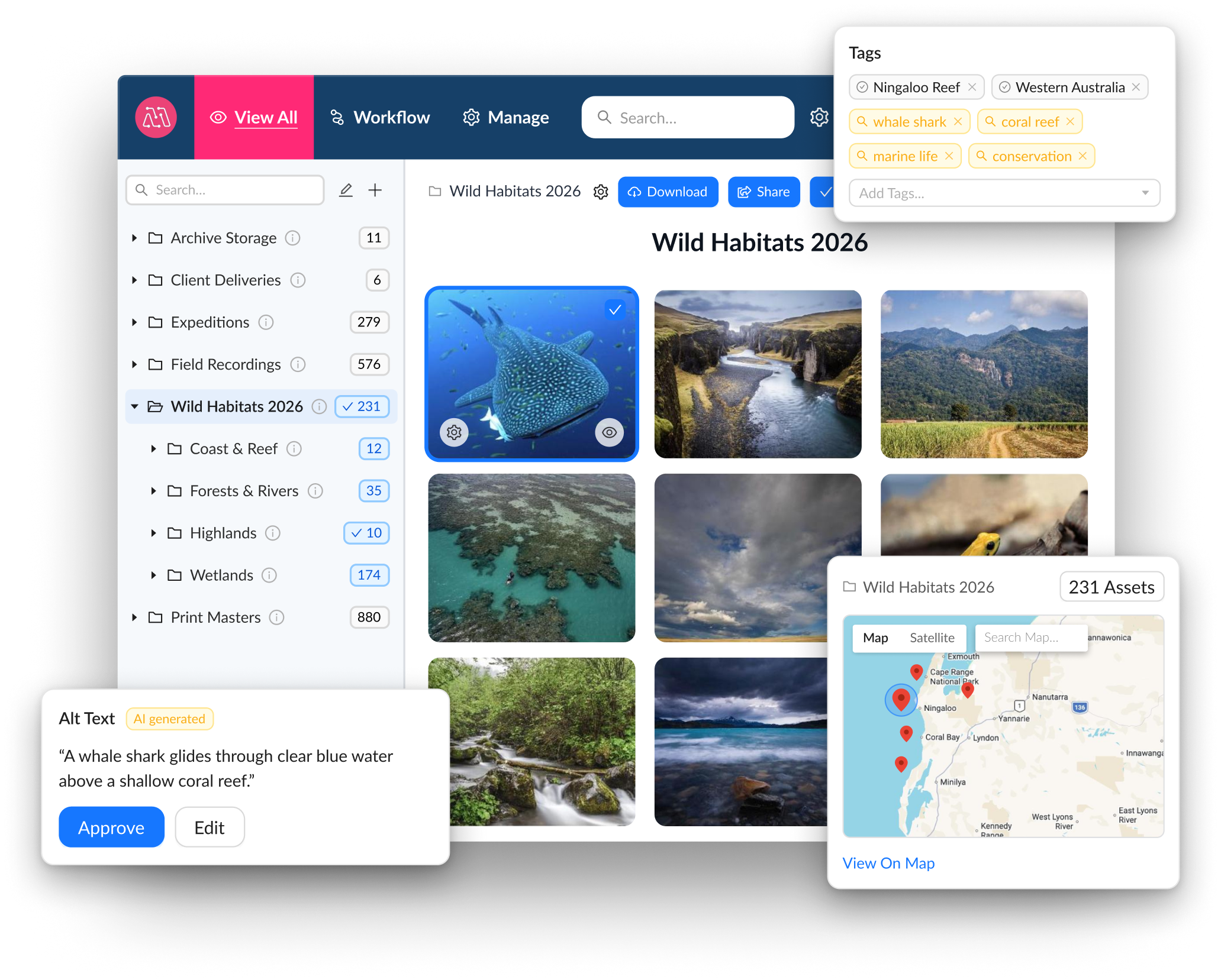 The Mediagraph app, showing a tagged collection of wildlife photography alongside AI-generated Alt Text and a map view.