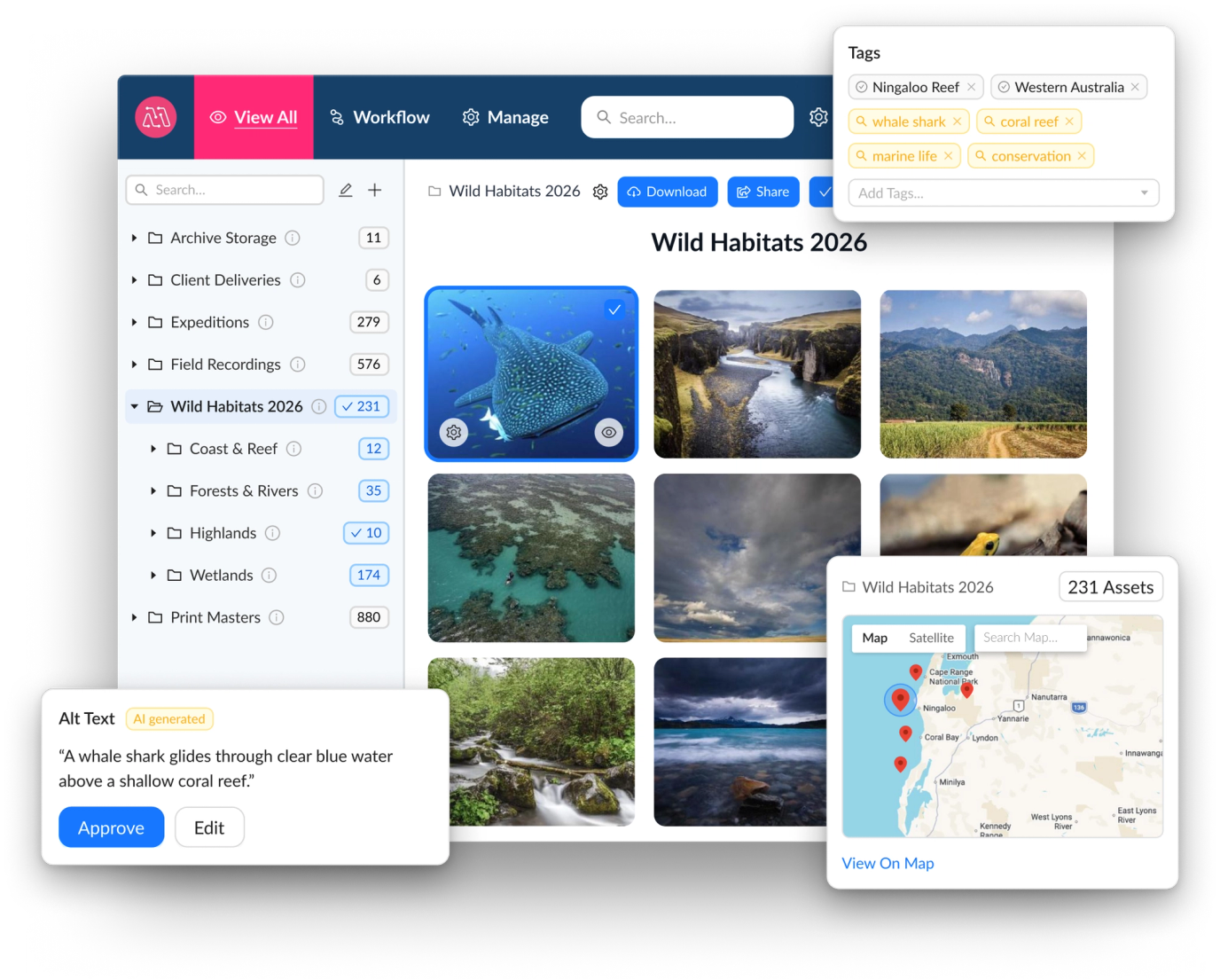 The Mediagraph app, showing a tagged collection of wildlife photography alongside AI-generated Alt Text and a map view.