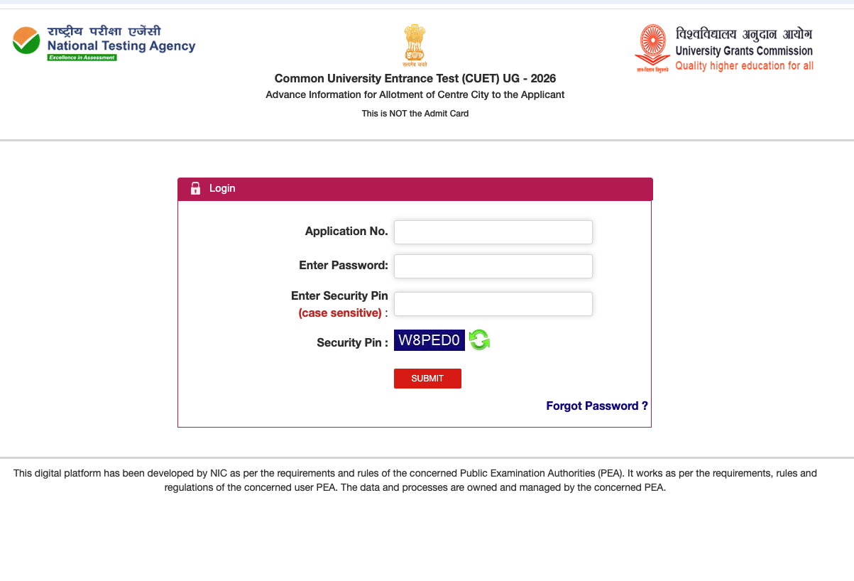CUET UG 2026 login portal for downloading the Advance City Intimation Slip, showing fields for Application No., Password, and Security Pin.