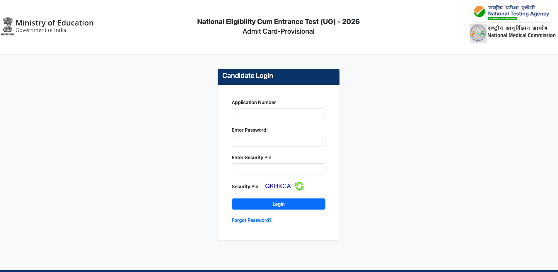 Official NTA NEET UG 2026 Candidate Login portal for admit card download showing application number and security pin fields.