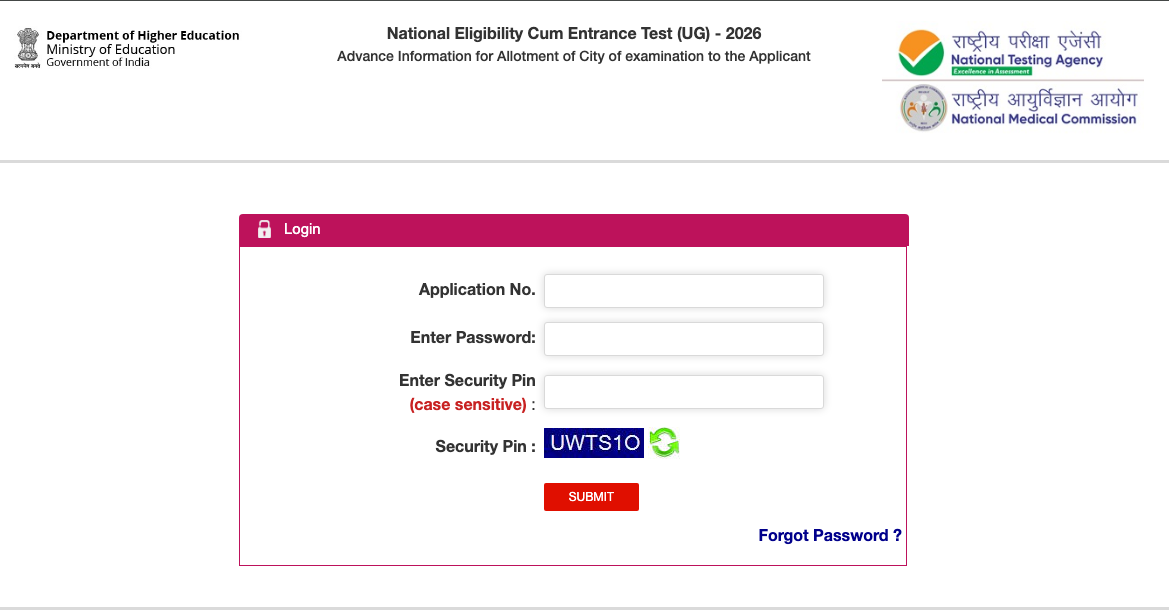 NEET UG 2026 City Intimation Slip Login Portal