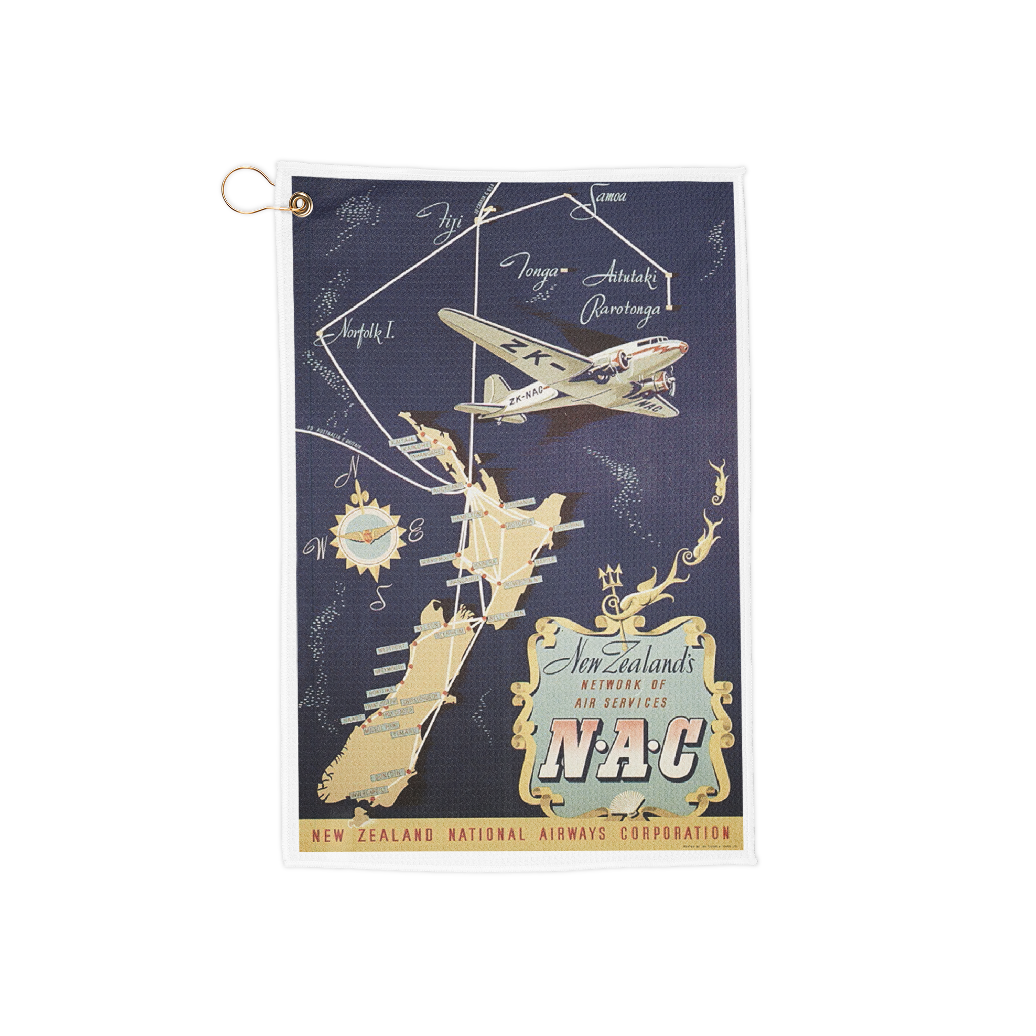 Golf Towel - Vintage New Zealand Air Travel Posters, Gift for Golf Lovers