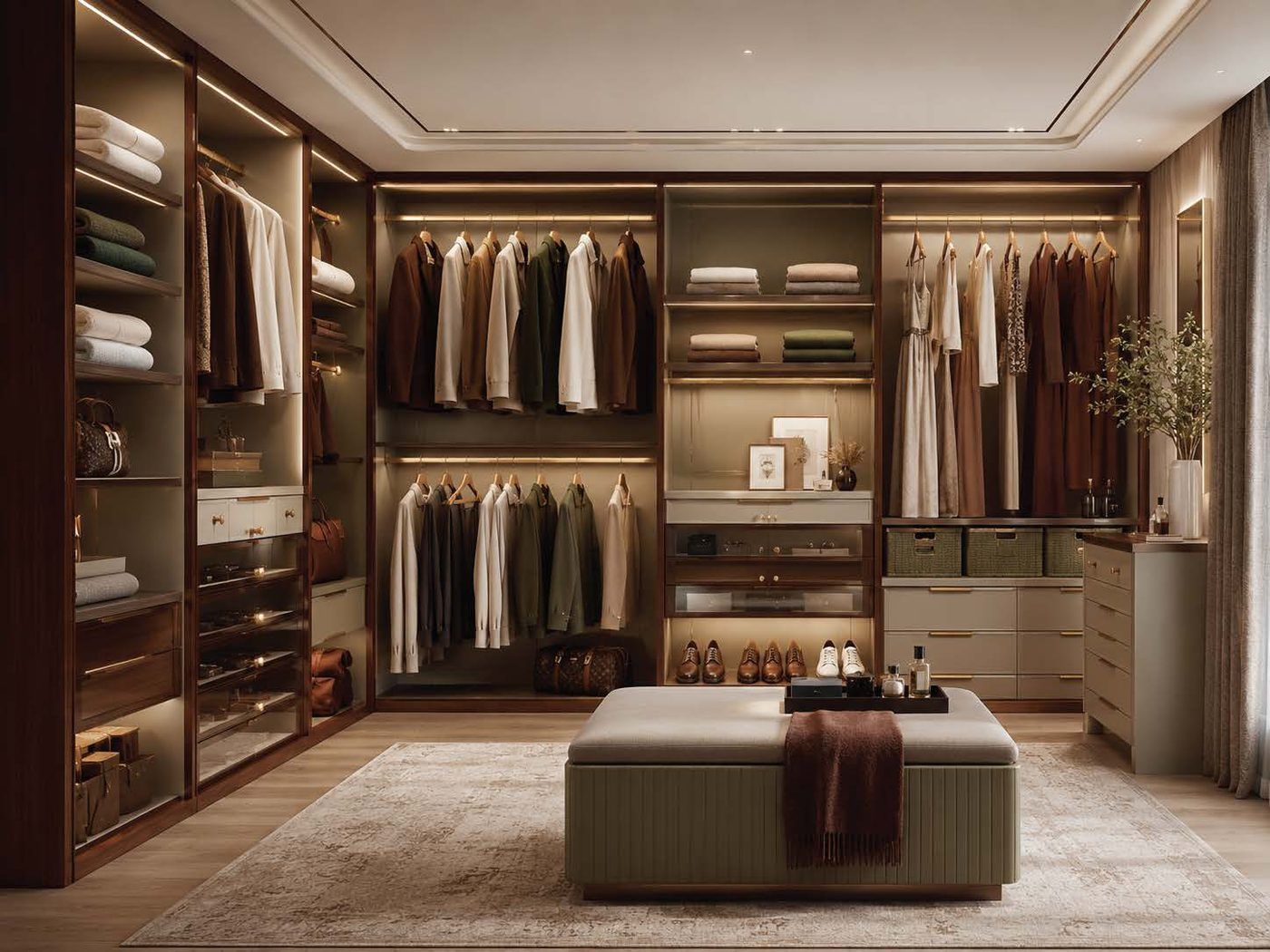 A warmly lit walk-in wardrobe in walnut with organised shelving