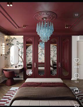 Wine red PU wardrobe with tinted mirror inserts
