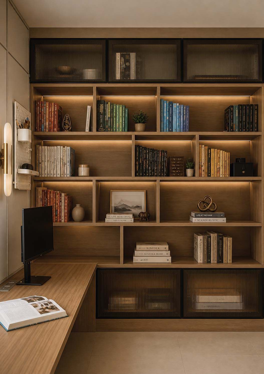 Floor-to-ceiling walnut shelving with warm integrated lighting