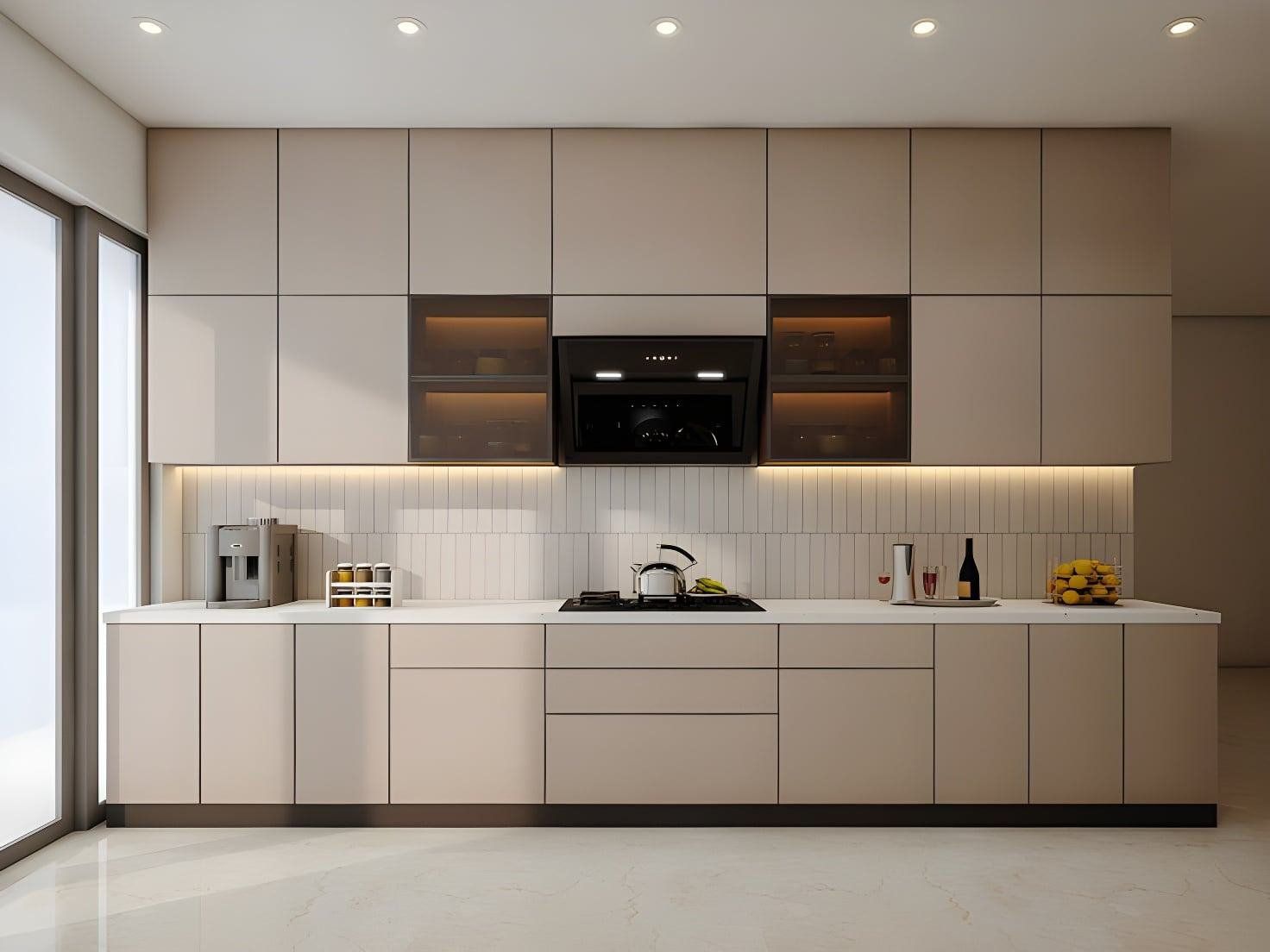 A warm beige PU-finished modular kitchen with backlit glass wall cabinets