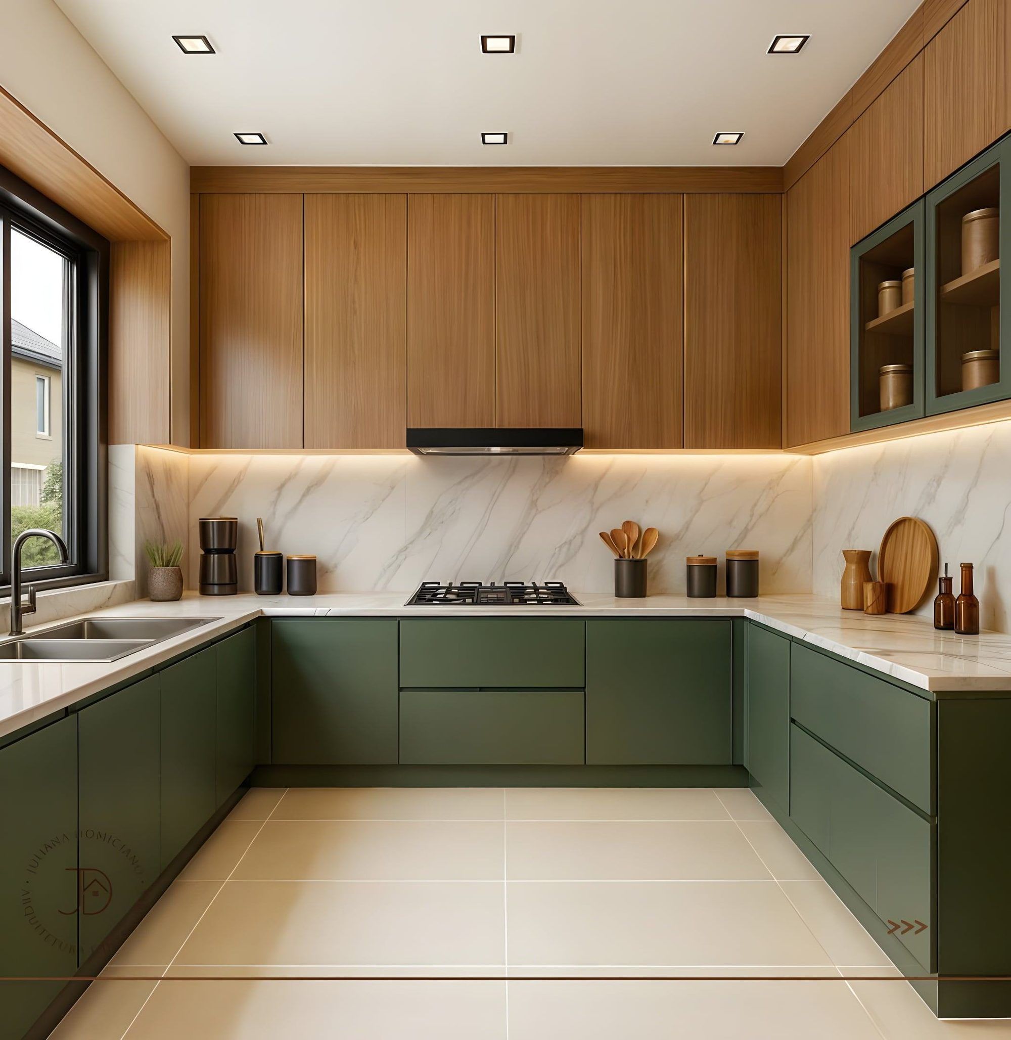 Olive green U-shaped PU kitchen with marble backsplash