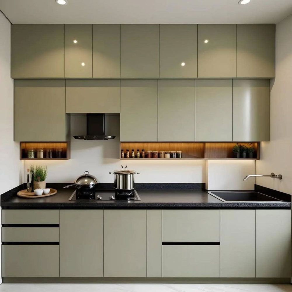 Sage green PU kitchen with black stone counter