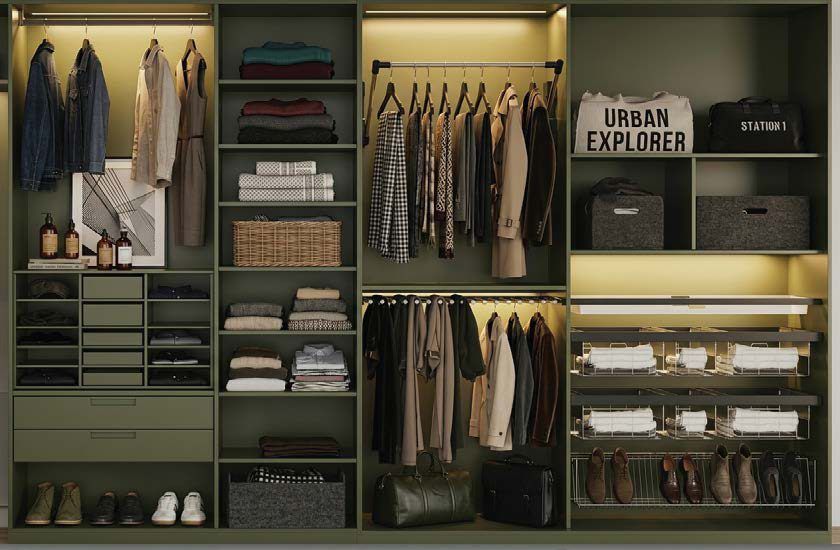A fully organised walk-in wardrobe interior with lit compartments