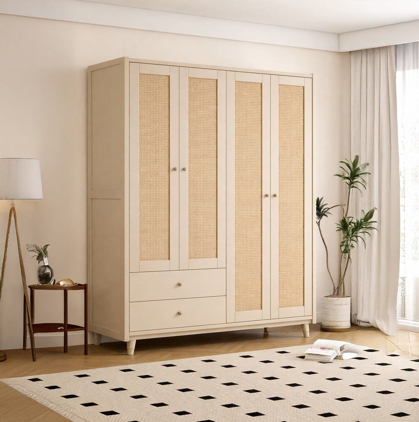 Cream PU wardrobe with woven cane door panels