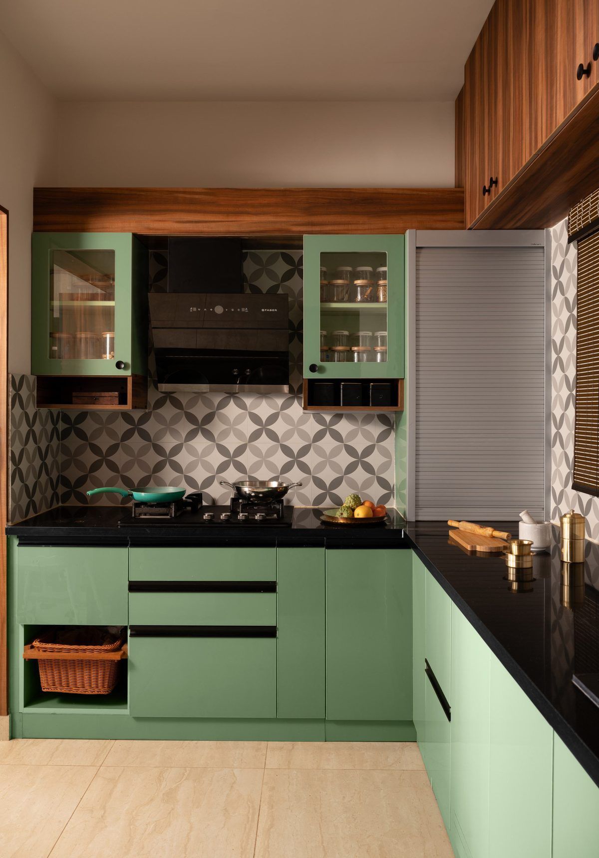Sage green kitchen with patterned tile splashback, Project Godrej Nurture