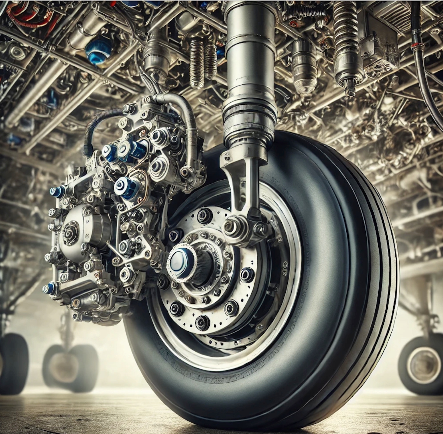 Close-up view of an aircraft wheel assembly, emphasizing areas critical to predictive maintenance for cost reduction in aviation