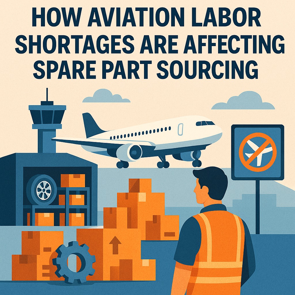 AI-generated by ChatGPT (2025) using DALL·E. The grounded commercial aircraft surrounded by digital parts schematics and empty warehouse shelves symbolizing how aviation labor shortages are disrupting spare part sourcing and slowing maintenance operations.