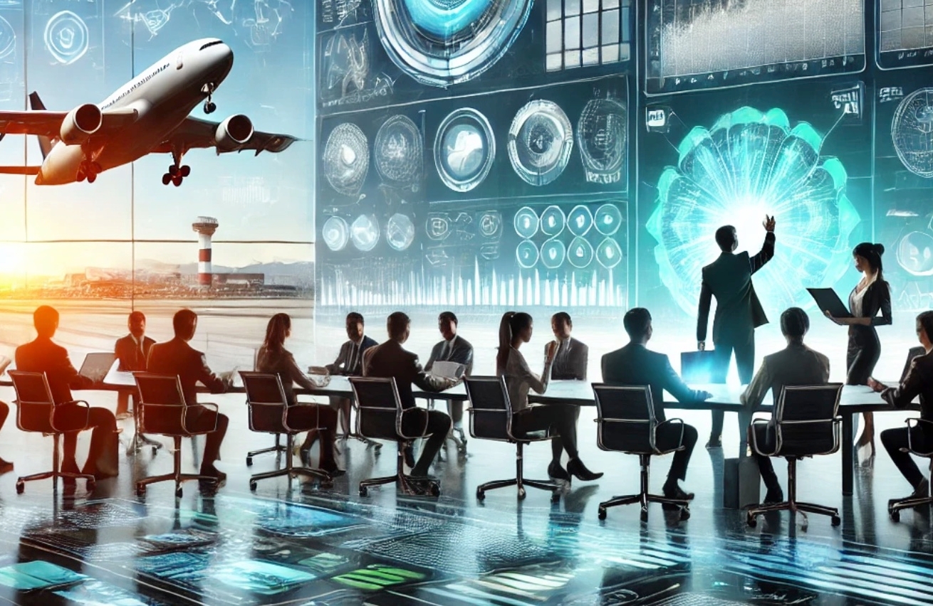 A vibrant and futuristic image showcasing advanced aviation data management. Diverse aviation professionals interact with a sleek control dashboard featuring real-time analytics and graphs. The background includes an airport runway and a moving airplane, symbolizing seamless integration of technology and aviation.