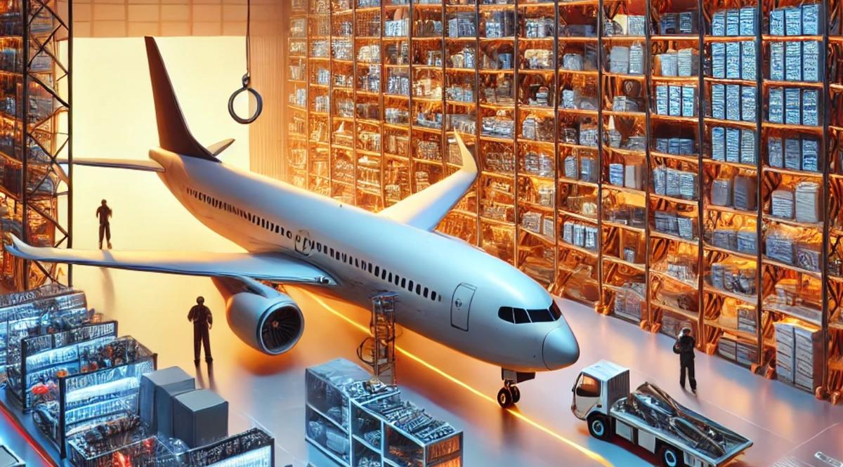 A vibrant depiction of a modern airline hangar featuring neatly organized shelves of aircraft parts and an aircraft under maintenance. Technicians work diligently in the background, highlighting precision and operational efficiency with warm, well-lit tones that evoke clarity and innovation.