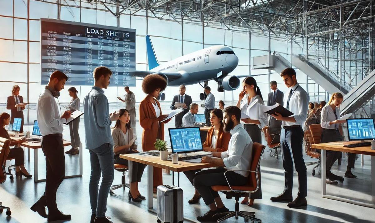 A professional aviation office with diverse staff reviewing aircraft documents, digital displays showcasing load sheets, and an airplane visible in the background through large windows.