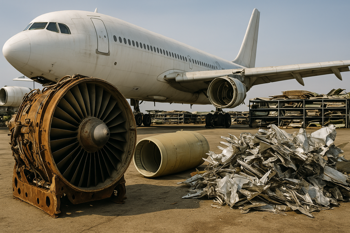Disassembled aircraft parts awaiting inspection and reuse, illustrating the full data lifecycle of aviation components from retirement to reintegration.