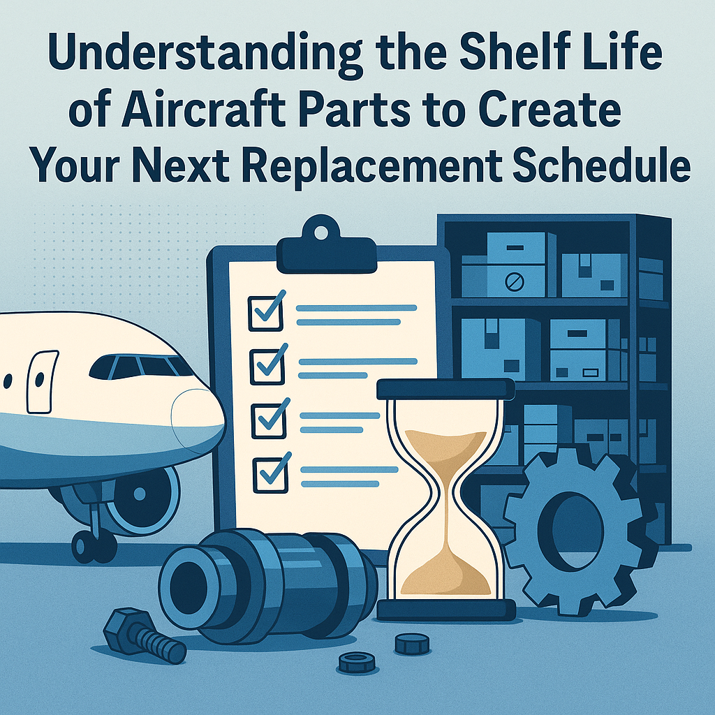 An MRO review labeled shelves of airplane parts, with icons for expiration dates, compliance checks, and analytics overlaying the scene. Using predictive tools to make the most of ticking clocks is crucial when creating optimized replacement schedules. 