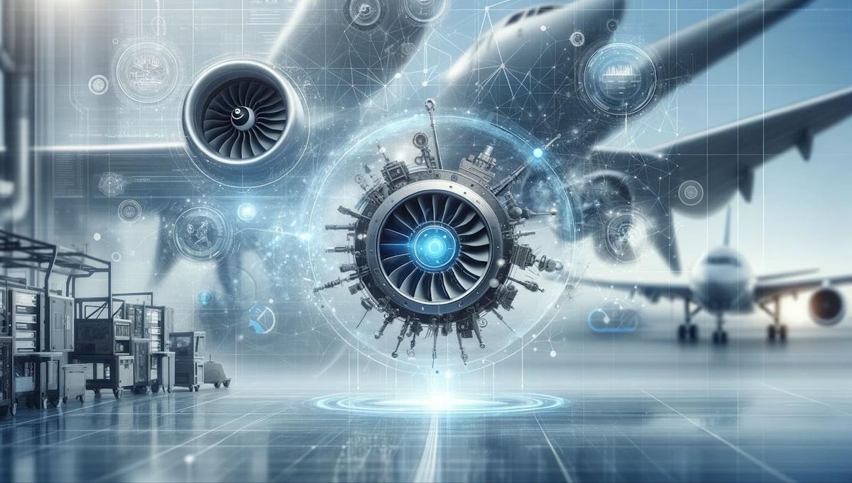 Futuristische illustratie van straalmotoronderdelen en datalijnen, die voorspellend onderhoud in de toeleveringsketens van de luchtvaart laat zien.