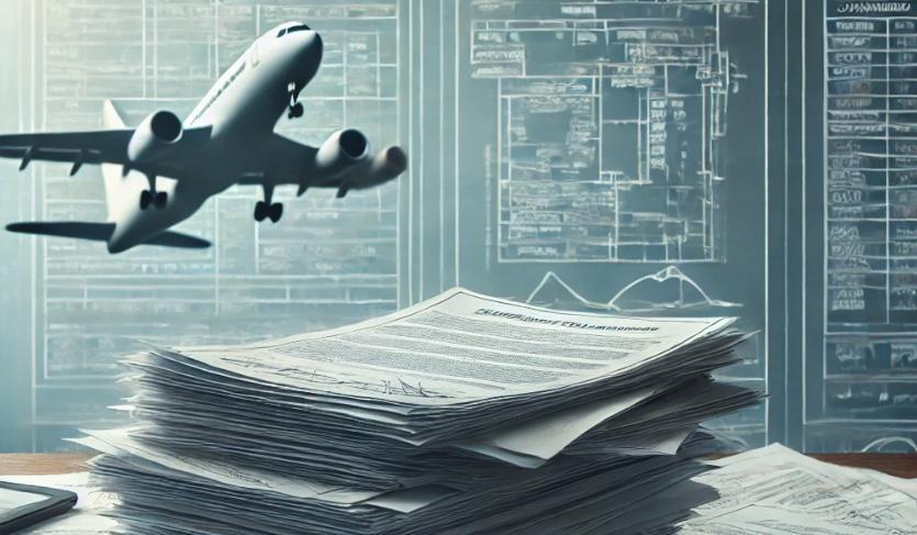 A depiction of an overwhelming stack of aviation compliance paperwork spilling over a desk, with a faint aircraft blueprint in the background. The muted blue and white tones emphasize the complexity and burden of regulatory processes.