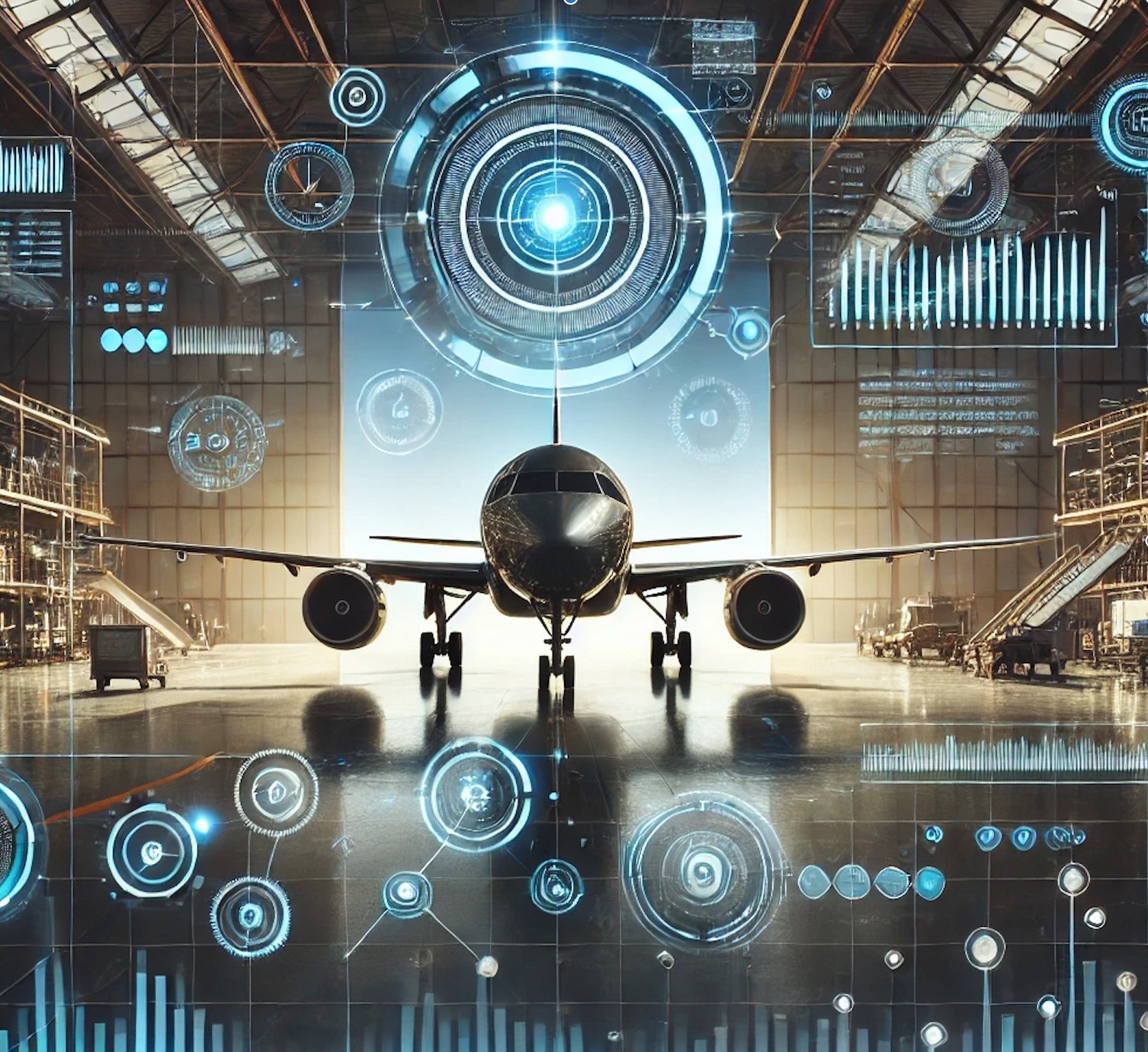Afbeelding van een moderne vliegtuighangar met abstracte AI-overlays, inclusief visuele data-indicatoren en gloeiende pictogrammen, die de innovatie in de luchtvaart symboliseren.