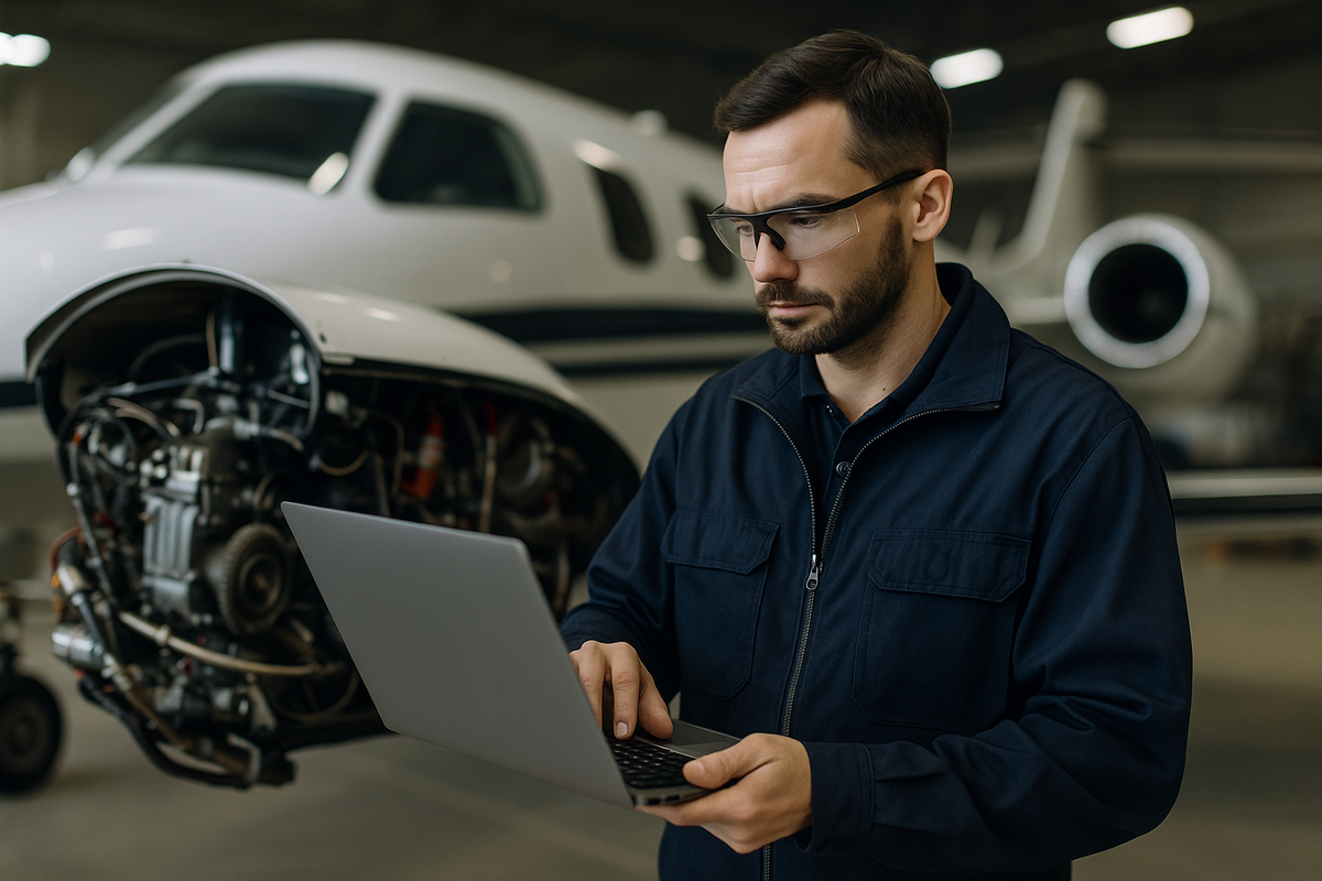 An aircraft mechanic uses a laptop to manage digital maintenance records in a hangar, representing the shift toward AI-powered MRO tools and real-time fleet insights