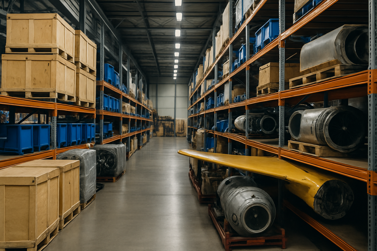 A well-lit interior of an aviation parts warehouse with tall metal shelves, organized pallets,  illustrating the scale, order, and operational precision required to manage aerospace inventory.