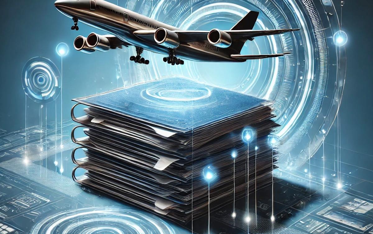 A conceptual image of aviation document management, featuring a futuristic stack of digital documents surrounded by glowing icons and a sleek interface. A modern airplane in the background ties the theme to aviation.