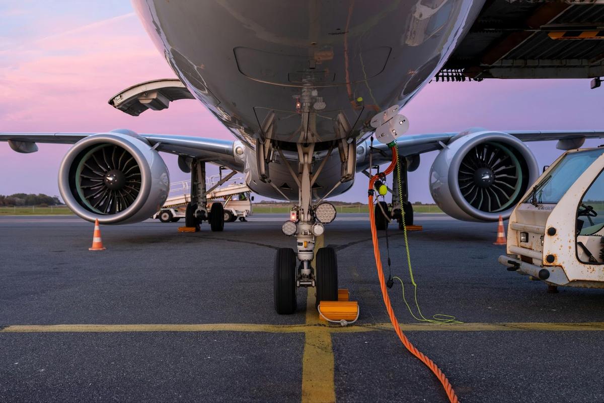 Aircraft maintenance team inspecting an aircraft engine, ensuring compliance with aviation asset management standards.