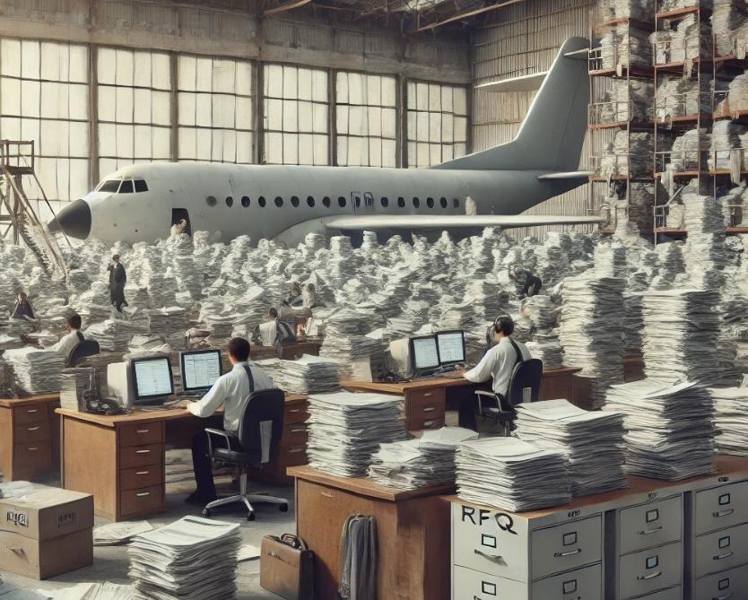 An aircraft hangar filled with stacks of paperwork, showing aviation mechanics and procurement staff overwhelmed by RFQ forms and supply chain documents, highlighting the inefficiencies of traditional RFQ management.