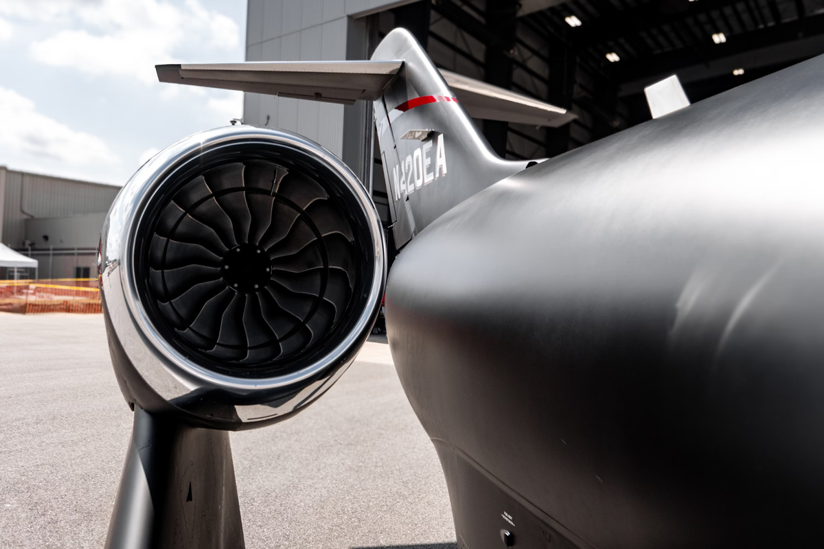 Close up of a jet engine at an airplane hangar for aviation inventory management.