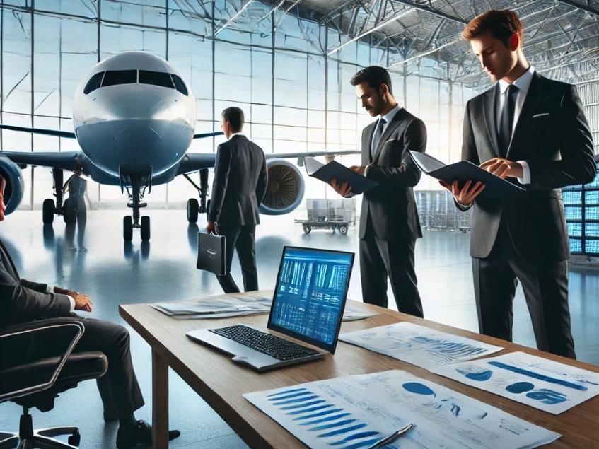 Executives in formal attire reviewing documents on a table inside an airplane hangar, with a modern airplane visible in the background. The setting emphasizes professionalism, aviation workflows, and compliance processes.