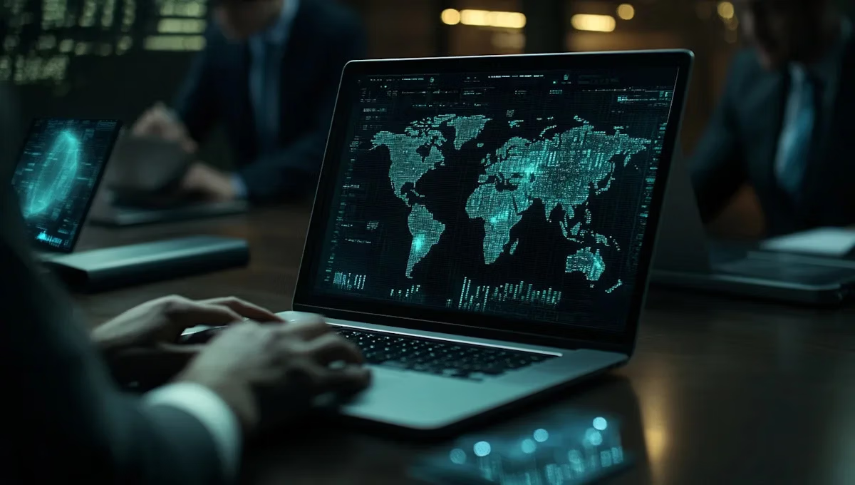 A person using a laptop displaying a digital world map with data overlays, surrounded by other professionals working on computers in a dimly lit conference room.