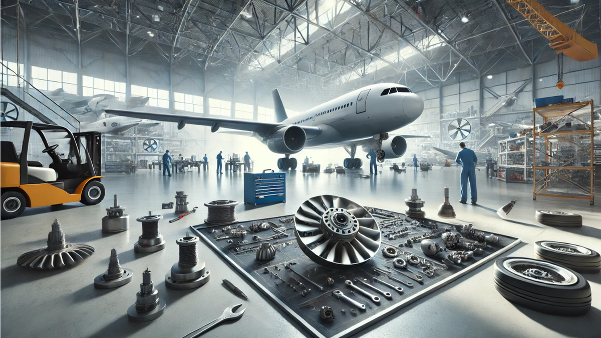 Aircraft maintenance hangar with mechanics working on landing gear and propeller components, surrounded by aircraft in various stages of repair.