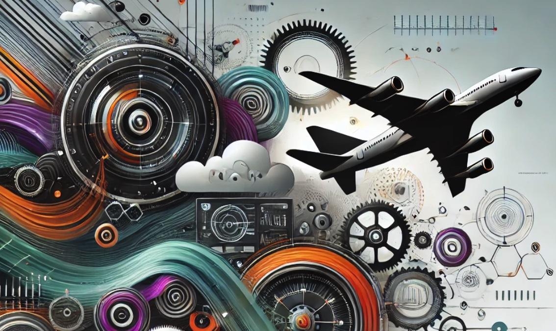 Een dynamische en futuristische illustratie die technologie voor de luchtvaart laat zien. Abstracte elementen tonen vliegtuigen, tandwielen en digitale dashboards, verbonden door vloeiende lijnen, vergelijkingsgrafieken en levendige datastromen in groen, oranje en paars op een wit-grijze achtergrond.