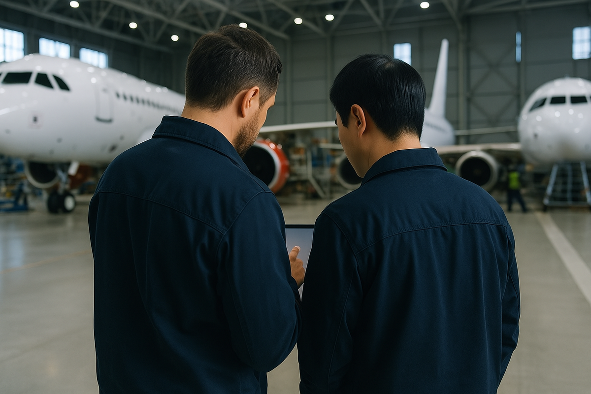 Two aviation maintenance technicians, viewed from behind, examine a tablet while standing in a hangar with multiple commercial aircraft, highlighting real-time fleet health monitoring in a modern MRO environment.