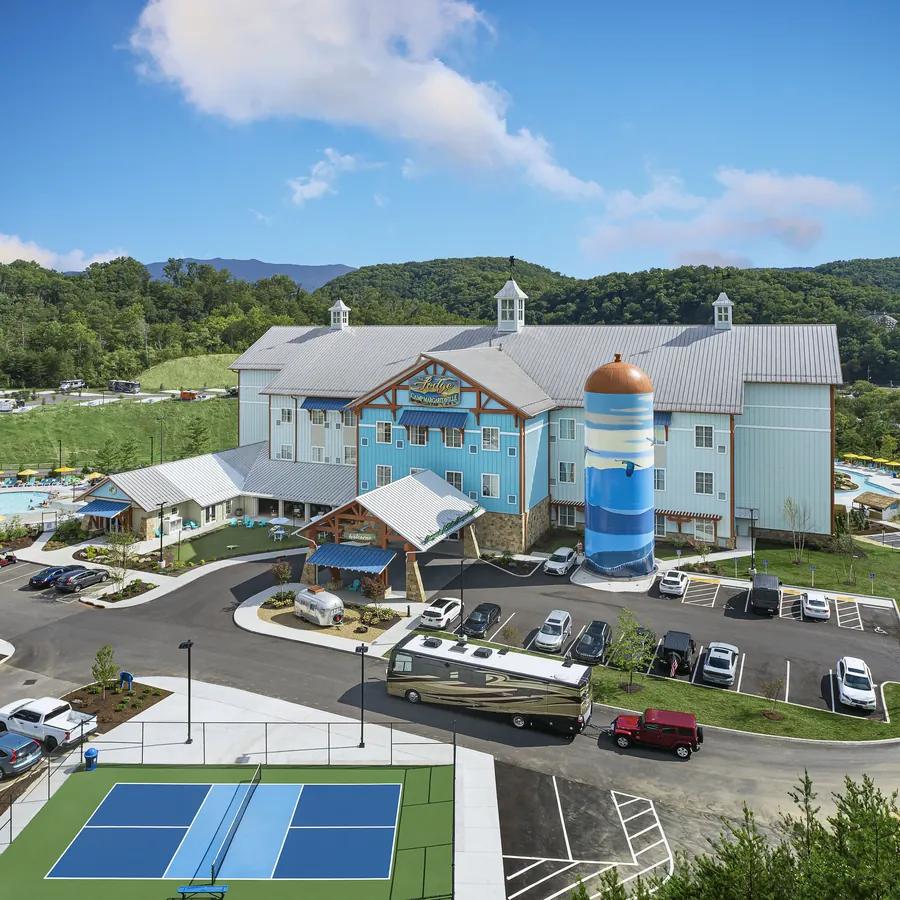 Camp Margaritaville Resort surrounded by the green hills of Pigeon Forge